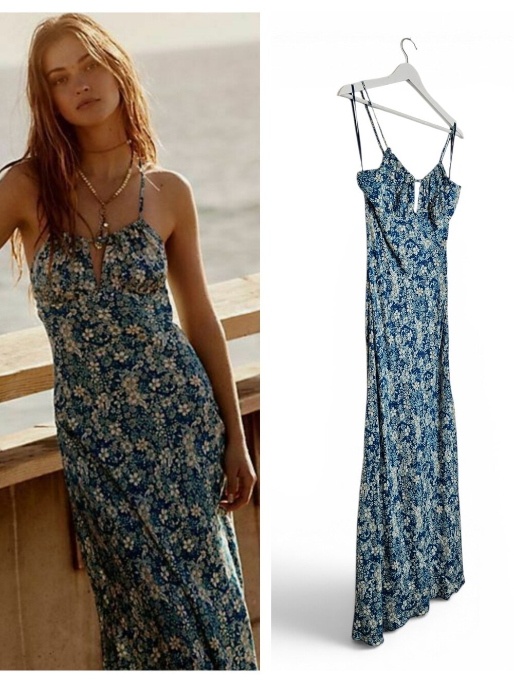 Free People Bon Voyage Midi Dress M Floral Boho Keyhole Smocked Blue Combo - Picture 1 of 15